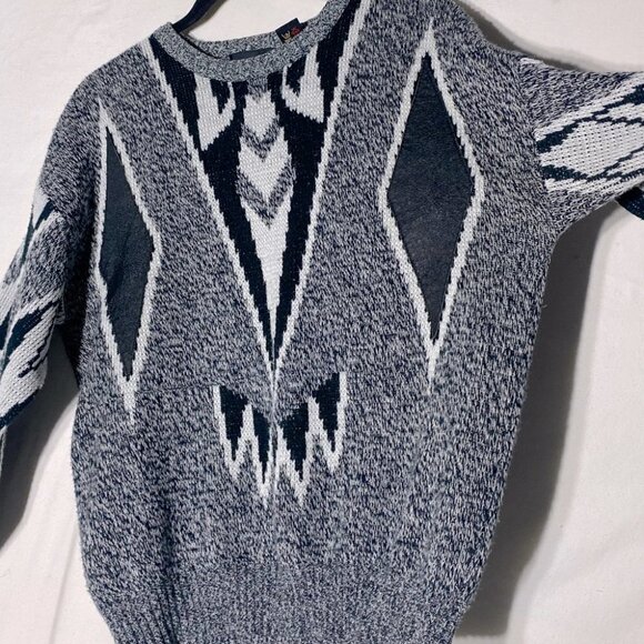 Vintage 90s Montello Black And White Dad Sweater With Faux Leather Patches M - Picture 9 of 14